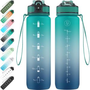 1 liter sportwaterfles met rietje en tijdmarkeringen, lekvrije Tritan-drinkfles, BPA-vrij voor fitness, fietsen, kamperen, hardlopen, groen en blauw