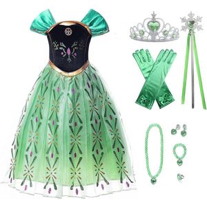Prinsessenjurk meisje - Anna groene jurk - Het Betere Merk - Prinsessen speelgoed - maat 98/104 (110)- Verkleedkleren Meisje- Tiara - Kroon - Juwelen - Lange Handschoenen - Verjaardag meisje - Carnavalskleren meisje - Kleed