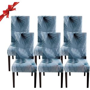 Jaotto - Universele stoelhoezen, stretch stoelhoezen - set van 6 moderne stoelhoezen - elastische duurzame stoelhoezen voor eetkamer decoratie - Blauwe Bladeren, 6 stuks