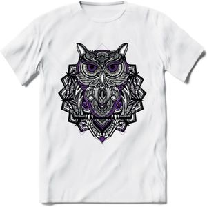 Uil - Dieren Mandala T-Shirt | Paars | Grappig Verjaardag Zentangle Dierenkop Cadeau Shirt | Dames - Heren - Unisex | Wildlife Tshirt Kleding Kado | - Wit - M