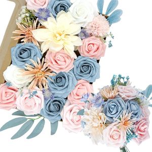 Kunstbloemen Blauwe Kunstbloemen Zijden Bloemen Rozenboeket Bruiloft met Gecombineerde Stelen voor Boeket van Rozen DIY Kusballen Tafeldecoratie Thuis (Blauw Wit)