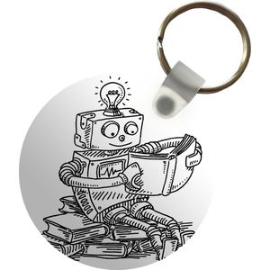 Sleutelhanger - Een handgetekende illustratie van een robot die een boek leest - Plastic - Rond - Uitdeelcadeautjes