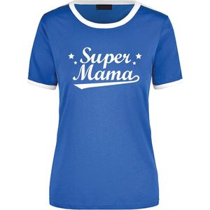 Super mama blauw/wit ringer t-shirt - dames - Moederdag/ verjaardag cadeau shirt M