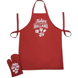 Keukenset - Schort en ovenwant - rood - tulpen - schorten voor vrouwen - Holland souvenir - Hollandse cadeautjes