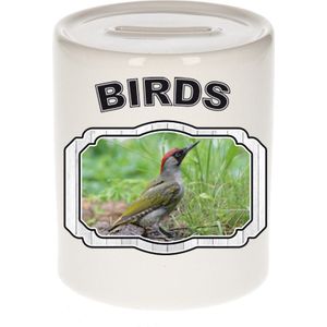Dieren liefhebber groene specht spaarpot 9 cm jongens en meisjes - keramiek - Cadeau spaarpotten vogels liefhebber