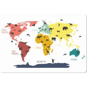 Muismat XXL - Bureau onderlegger - Bureau mat - Wereldkaart - Kinderen - Dieren - Roze - Oranje - Jongens - Meiden - 90x60 cm - XXL muismat