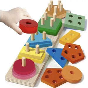 Playos® - Geometrische Vormen Sorteren - 5 Vormen - Rechthoek - Stapeltoren - Vormenstoof - Houten Stapelspeelgoed - Houten Puzzel - Educatief Speelgoed - Vissen - Kleuren en Vormen leren