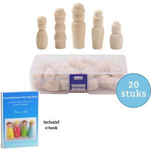 Janse® Kleine houten poppetjes met hoedjes - Inclusief e-book Knutselkunst met Peg dolls - 20 stuks set - Peg dolls - Familie poppetjes - Poppenhuis poppetjes - Houten pionnen - Kegelpoppetjes - Creatief - Houten mensen