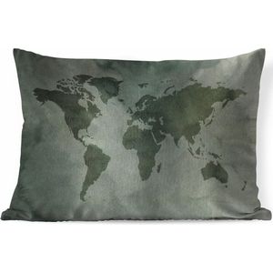 Sierkussens - Kussen - Donkere wereldkaart overdekt met grijze wereldverf - 50x30 cm - Kussen van katoen