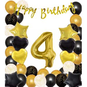 Snoes Ballonnen 4 Jaar Black Gold Dots Mega Ballon - Compleet Feestpakket Goud Zwart Stippen Cijferballon 4 - Verjaardag Versiering DIY Slinger Happy Birthday – Folieballon – Latex Ballonnen - Helium Ballonnen