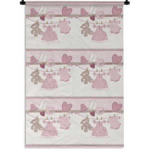 Wandkleed - Wanddoek - Baby kleren - Meisje - Knuffelbeer - Waslijn - Design - 120x180 cm - Wandtapijt