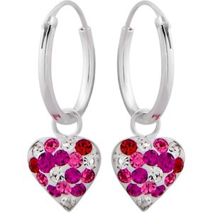 Oorbellen meisjes zilver | Zilveren oorbellen met hanger, wit hartje met roze en rode kristallen