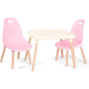 Goodivery ® Kindertafel en Stoelenset met Houten Poten voor Kinderen vanaf 3 Jaar, Roze en Wit