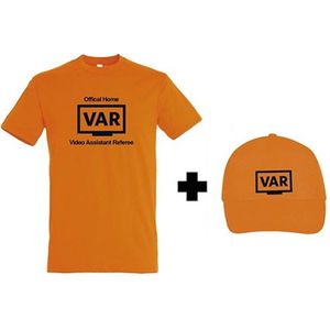 Oranje WK 2022 voetbal T-shirt met “ Offical Home VAR + Oranje Cap “ print Zwart maat XL