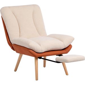 Fauteuil Woonkamer Stoel Rugleuning, Leesstoel Accent Stoel met Voetsteun, Lounge Leisure Stoel Slaapkamerstoel, Bruin & Beige