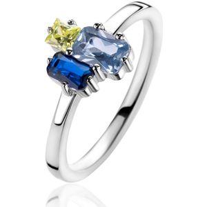 ZINZI zilveren ring met rechthoekige zettingen, bezet met licht groene, licht blauwe en saffier blauwe kleurstenen ZIR2496