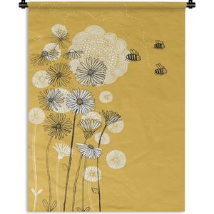 Wandkleed Bijen Illustratie - Illustratie van bloemen en bijen Wandkleed katoen 120x160 cm - Wandtapijt met foto XXL / Groot formaat!