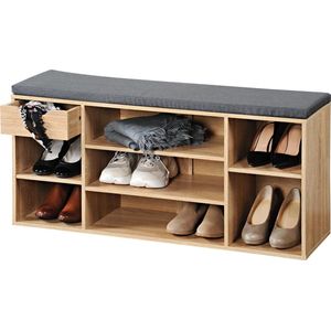 Schoenenbank met kussen 101x29,5x48 cm - 7 vaks met lade - Eiken