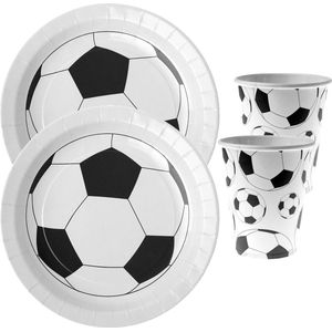 Voetbal feest wegwerp servies set - 20x bordjes / 20x bekers - wit/zwart