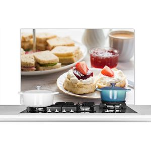 Spatscherm keuken 100x65 cm - Kookplaat achterwand Ontbijt - Aardbei - Jam - Muurbeschermer - Spatwand fornuis - Hoogwaardig aluminium