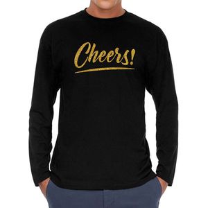 Cheers longsleeve zwart met gouden glitter tekst heren - Oud en Nieuw / Glitter en Glamour goud party kleding shirt met lange mouwen S