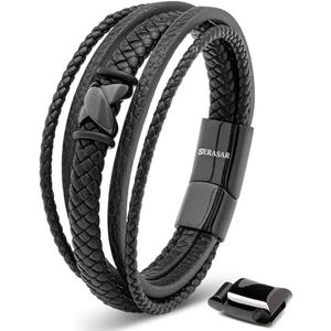 SERASAR Ideale Leren Armband Heren [Flake] - Zwart 20cm - Beste Cadeau voor Hem