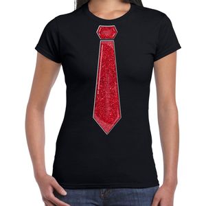 Bellatio Decorations Verkleed shirt dames - stropdas glitter rood - zwart - carnaval - foute party M