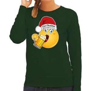 Bellatio Decorations Foute Kersttrui/sweater voor dames - bier - groen - grappig - I love christmas - emoji M