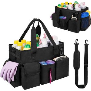 Reinigingsmiddelorganizer, reinigingstas met handvat en verstelbare schouderbanden, kleine reinigingstas, reinigingsmiddelorganizer voor reinigingsmiddelen voor thuis, auto en badkamer, zwart (tas