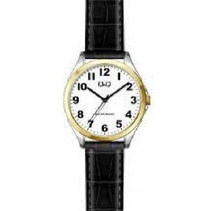 Q&Q C12A-500PY - Horloge - Analoog - Heren - Mannen - Leren band - Rond - Staal - Zwart - Zilverkleurig - Goudkleurig