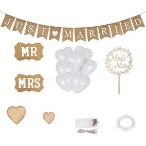 Bruiloft Decoratie Set, Just Married linnen Banner met LED verlichting, Cake Topper Bruiloft, Houten Harten confetti Decoratie, MR & MRS Stoelbord en Hartvormige Ballonnen voor Trouwauto Tafeldecoratie