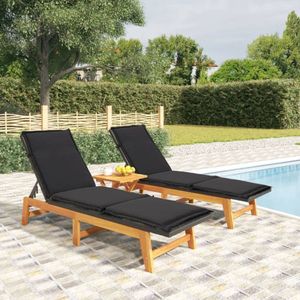 The Living Store Ligbedden 2 st met kussens poly rattan en massief acaciahout - Ligbed - Ligstoel - Zonnen - Relaxen - Tuinmeubel