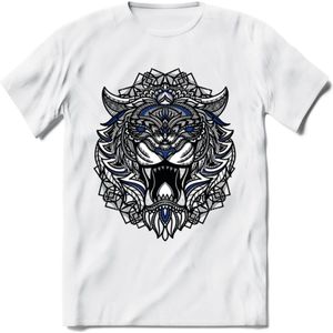 Tijger - Dieren Mandala T-Shirt | Donkerblauw | Grappig Verjaardag Zentangle Dierenkop Cadeau Shirt | Dames - Heren - Unisex | Wildlife Tshirt Kleding Kado | - Wit - S