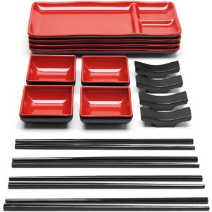 Sushi-serveerset, melamine, sushi-serveerset voor 4 personen met 4 Japanse sushi-serveerplaten, 4 sojasauzenschalen, 4 paar eetstokjes en 4 stokjes, melamine serveerset voor sushi