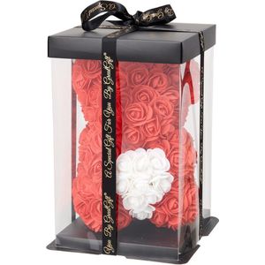 GreatGift® - Rode Rozen Beer met Wit Hart 25 cm + 75 rozenblaadjes - in Luxe verpakking -Rose Bear - Teddy Beer - Rood - Romantisch Cadeau - Valentijn - Cadeau voor haar