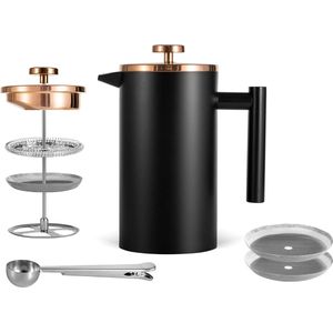Koffiezetapparaat French Press 0,6 liter 3 kopjes, kleine koffiebereider, dubbelwandig roestvrij staal, zwart, 600 ml