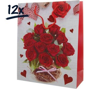 12x Stevige draagtassen LOVE Valentijn Moederdag Bloemen Rozen (23x26x12)cm zak cadeautasje gift bag verpakking