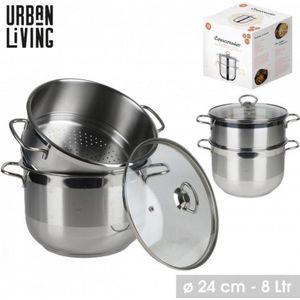 Urban Living - Couscous Pan RVS 8 Liter met Glazen Deksel - Alle Warmtebronnen