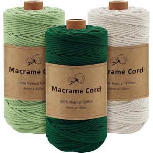 Macramégaren, 3 mm x 100 m, 3 rollen macramégaren, gevlochten set, groen, 3 mm, kleurrijk macramégaren voor wanddecoratie, natuurlijk katoen, knutselkoord voor knutselen, breien, boho-decoratie