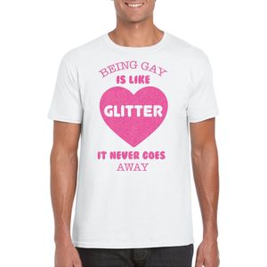 Bellatio Decorations Gay Pride T-shirt voor heren - being gay is like glitter - wit/roze - LHBTI XL