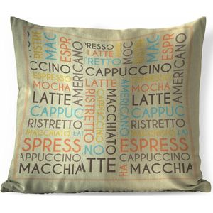 Sierkussens - Kussen - Koffie quote espresso, latte, cappuccino met een lichte achtergrond - 45x45 cm - Kussen van katoen