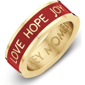 Key moments 8KM-R0008-50 Stalen Ring - Dames - Rood - Emaille - LOVE HOPE JOY - Maat 50 - Staal - Cadeau - Goudkleurige plating