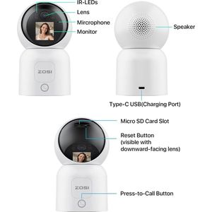 Bewakingscamera 5MP Indoor WLAN 144 Inch Display 2-Weg Videogesprek Knop-OK-Gebaar voor Oproep 24-5 GHz Wifi KI-Persoonsherkenning C519M