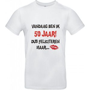 50 jaar - 50 jaar abraham - 50 jaar sarah - 50 jaar verjaardag - T-shirt Vandaag ben ik 50 jaar dus feliciteren maar - Maat XXL - Wit T-shirt korte mouw