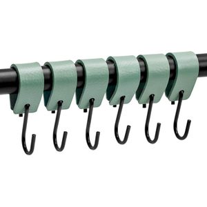 Brute Strength - Leren S-haak hangers - Vaalgroen - 24 stuks - 12,5 x 2,5 cm – Zwart zilver – Leer - handdoekhaakjes - Ophanghaken – kapstokhaak