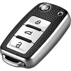 TPU Sleutelcover - Sleutelhoesje Geschikt voor Volkswagen Golf / Polo / Tiguan / Up / Passat / Seat Leon / Skoda Citigo - Zilvergrijs en Zwart Leer - Flexibele Sleutel Cover - Zacht Hoesje - Auto Accessoires