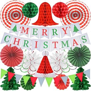 Kerstfeestdecoratieset – 12 stuks voor binnen en tafel, Merry Christmas Party Banner Deco, slinger, kerstboom, kerstmuts, sneeuwbal, sneeuwvlokken, bel, gekleurd lint