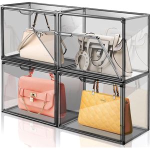 4 verpakkingen transparante kunststof handtas-opberg-organizer voor kast, grijs acryl vitrine voor handtas, portemonnee, stapelbare opbergdozen
