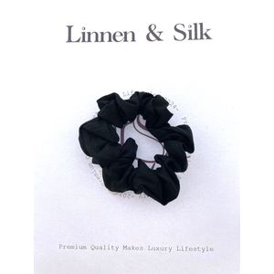 Linnen & Silk 100% Hoogwaardig Vegan Linnen Casual Scrunchie 3.5CM M - Phantom Black - Zwart
