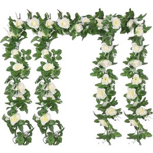 4 x 2,2 m kunstrozen, slinger, bloemenkrans, rozen, wijnstok, zijden bloemen, hangende kunstbloemen, decoratieve namaakbloemen met groene bladeren voor bruiloft, feest, huis, tuindecoratie (wit)